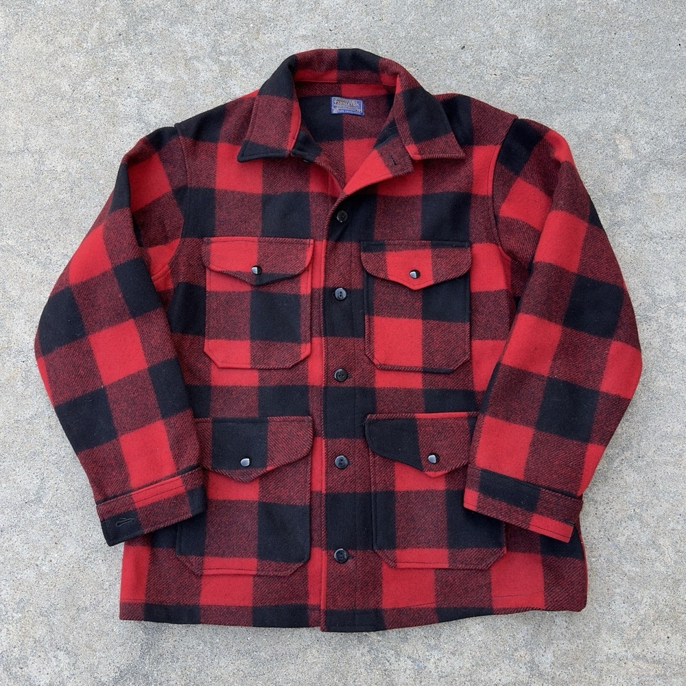 VTG Pendleton Mackinaw Cruiser Jacket Red Black Buffalo Plaid Virgin Wool Large